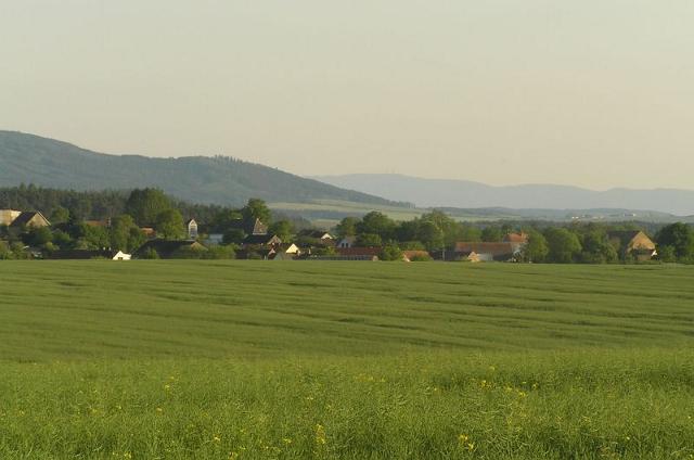 obec1.jpg - Pohled od severu, v pozadí Úlíkovská hora a Hohen Bogen